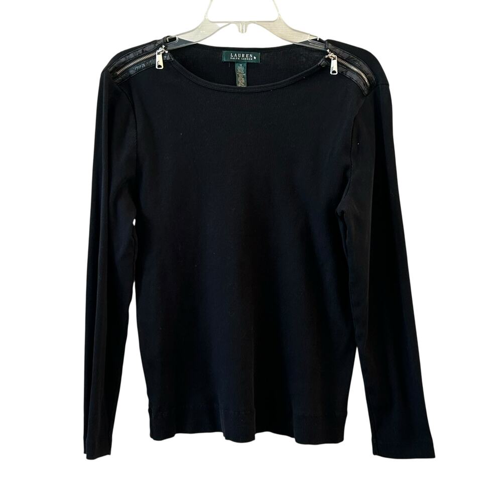 Ralph Lauren Women's Black Long Sleeve Top Zipper Accents on Shoulders Sz 1X